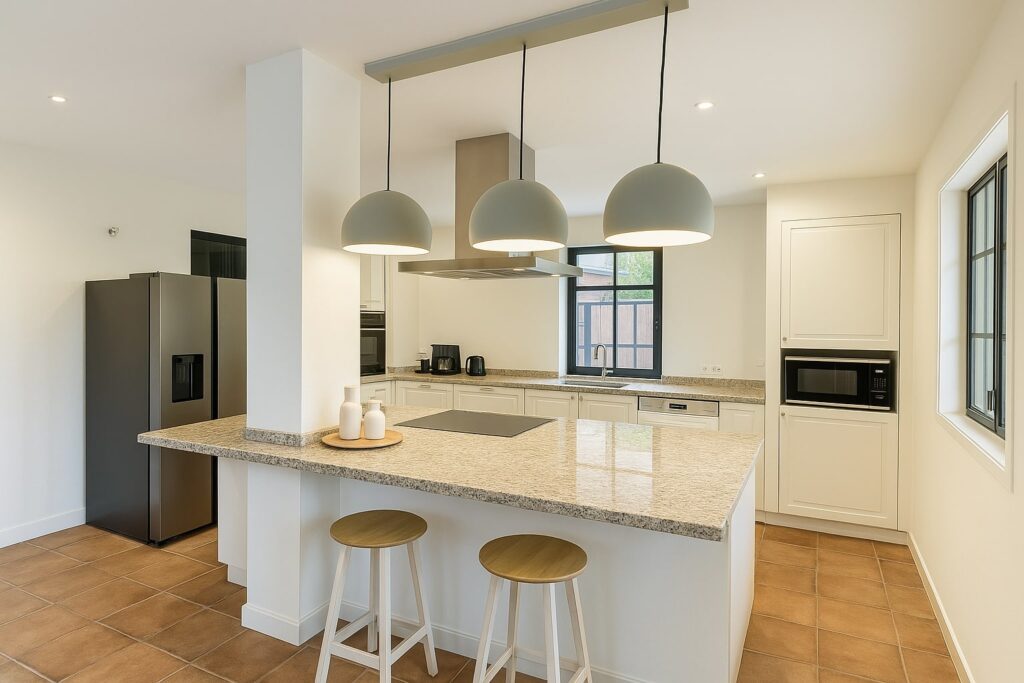 Moderne Küche mit hellen Arbeitsplatten, drei hängenden Pendelleuchten, zwei Barhockern und Geräten wie Kühlschrank, Ofen, Mikrowelle und Kaffeemaschine.