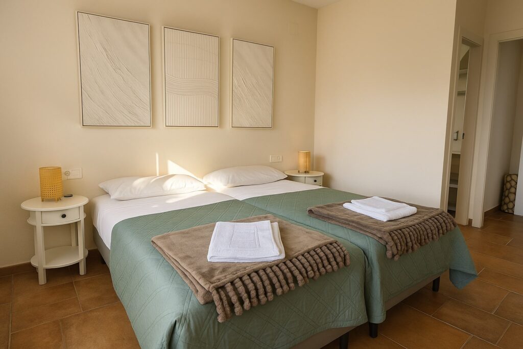 Helles Schlafzimmer mit zwei Einzelbetten, die zusammenstehen, mit grüner Bettdecke und weißen Kissen; auf jedem Bett liegt ein beigefarbenes Plaid mit aufgestapelten Handtüchern. An beiden Seiten der Betten stehen runde Nachttische mit gelben Lampen. An der Wand sind drei weiße, strukturierte Kunstwerke angebracht.