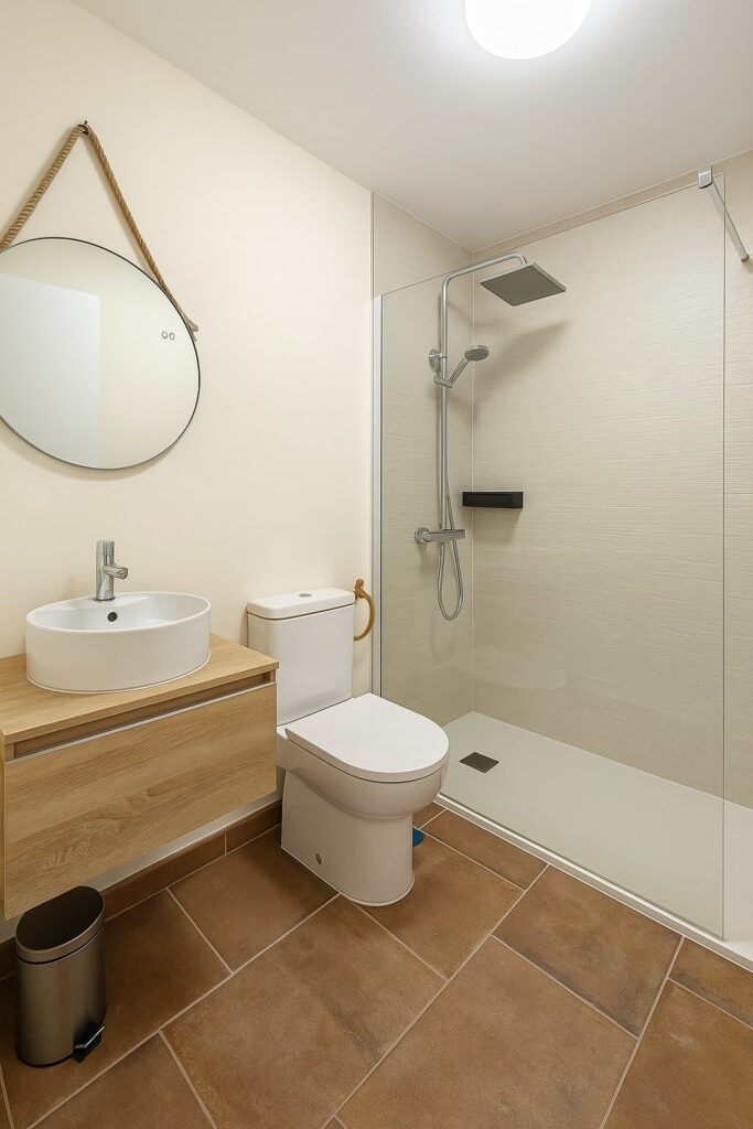 Modernes Badezimmer mit einer Eckdusche, einem runden Spiegel über einem Waschbecken auf einem Holzunterschrank, einer Toilette und einem Mülleimer auf einem gefliesten Boden.