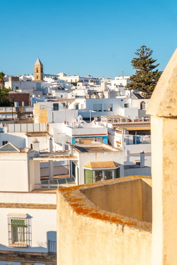 Blick auf eine mediterrane Stadtlandschaft mit weißen Häusern, einem Kirchturm und einem großen Baum unter einem klaren blauen Himmel.