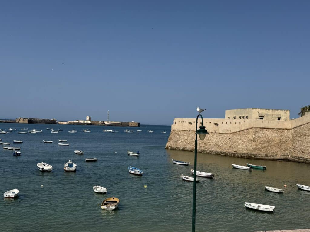 Blick auf ein ruhiges Gewässer mit zahlreichen kleinen Booten, im Hintergrund befindet sich eine alte Festungsmauer und ein Leuchtturm. Ein Vogel sitzt auf einer Straßenlaterne im Vordergrund.